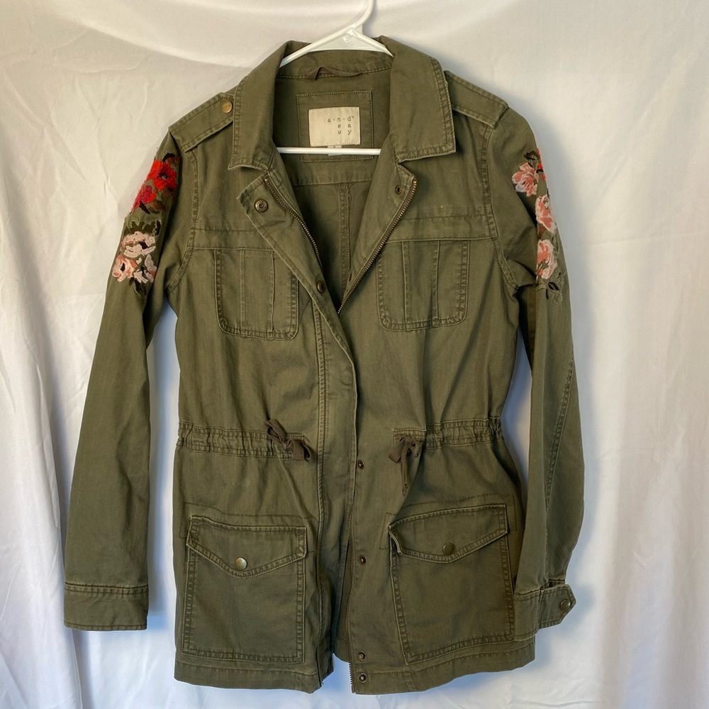 Flower Embroidered Green Utility Jacket